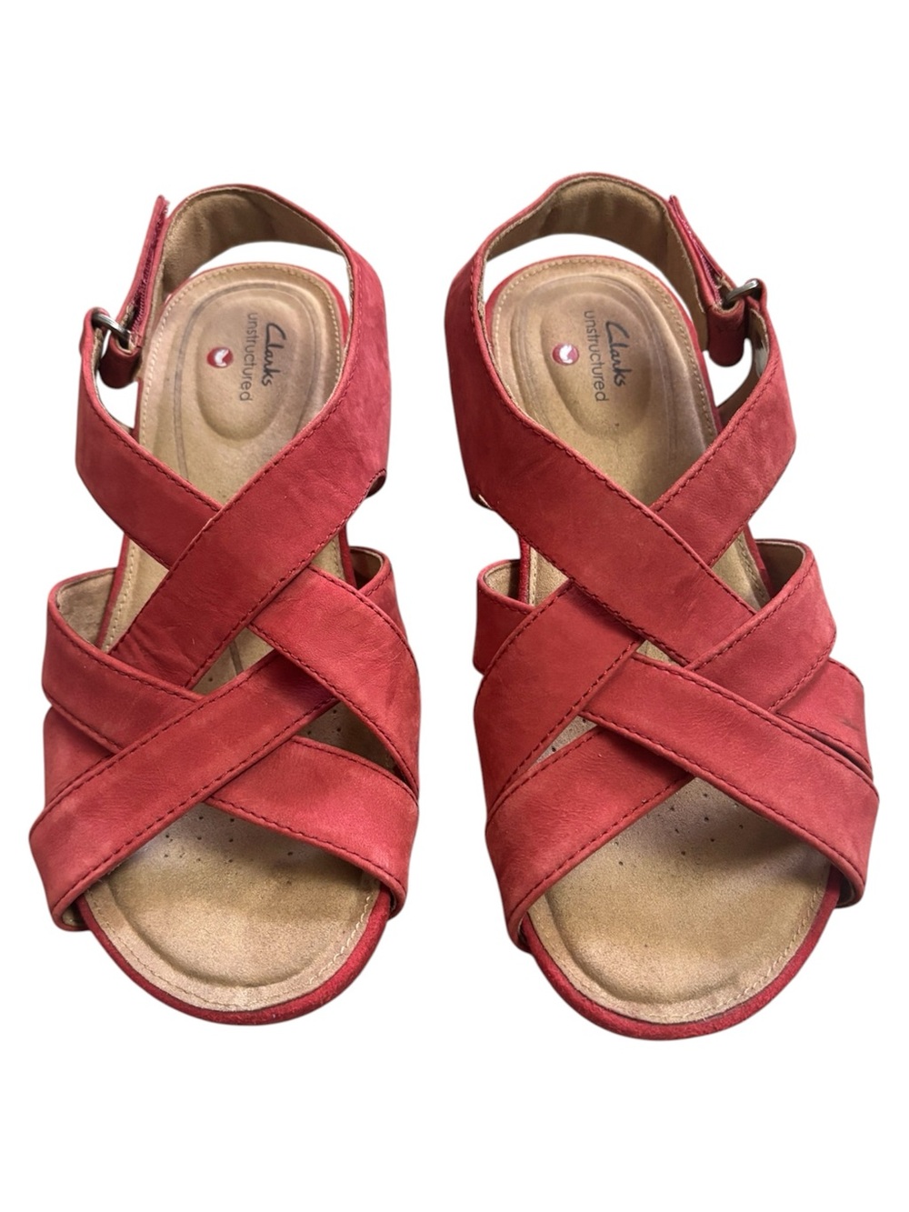 Clarks Unstructured Capri Red Leather Strappy  Sandals Cork Wedge Size 7.5